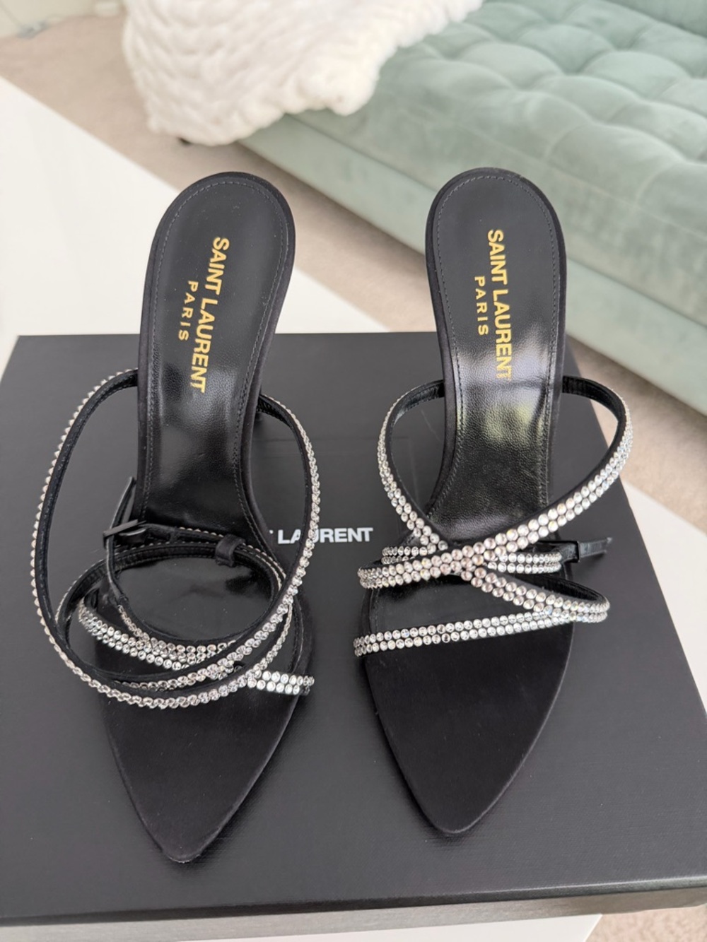 Saint Laurent Black Satin Crystal wrap straps Stilettos - Picture 2 of 9